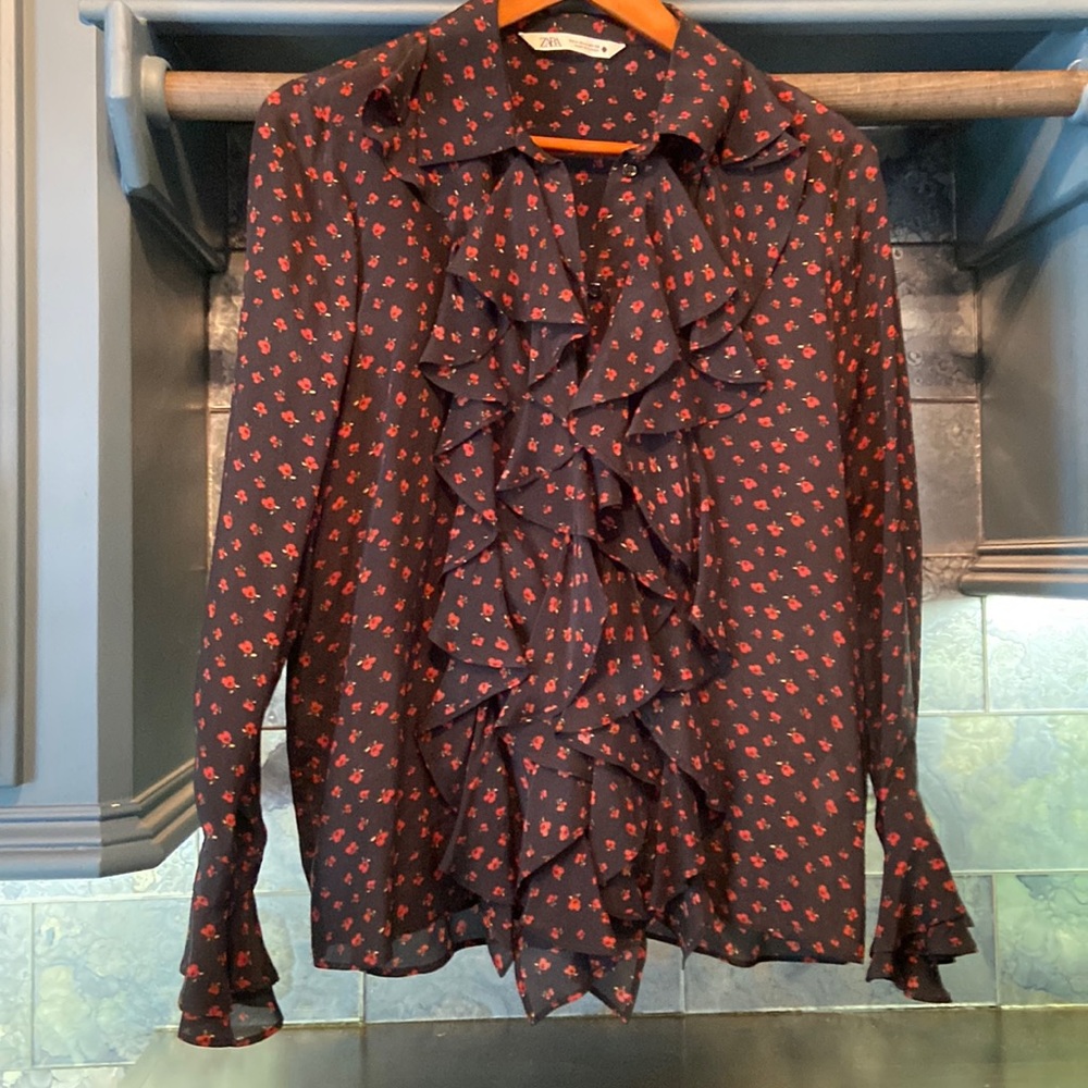 Zara Blouse with ruffles. Very flattering.nice under jacket.